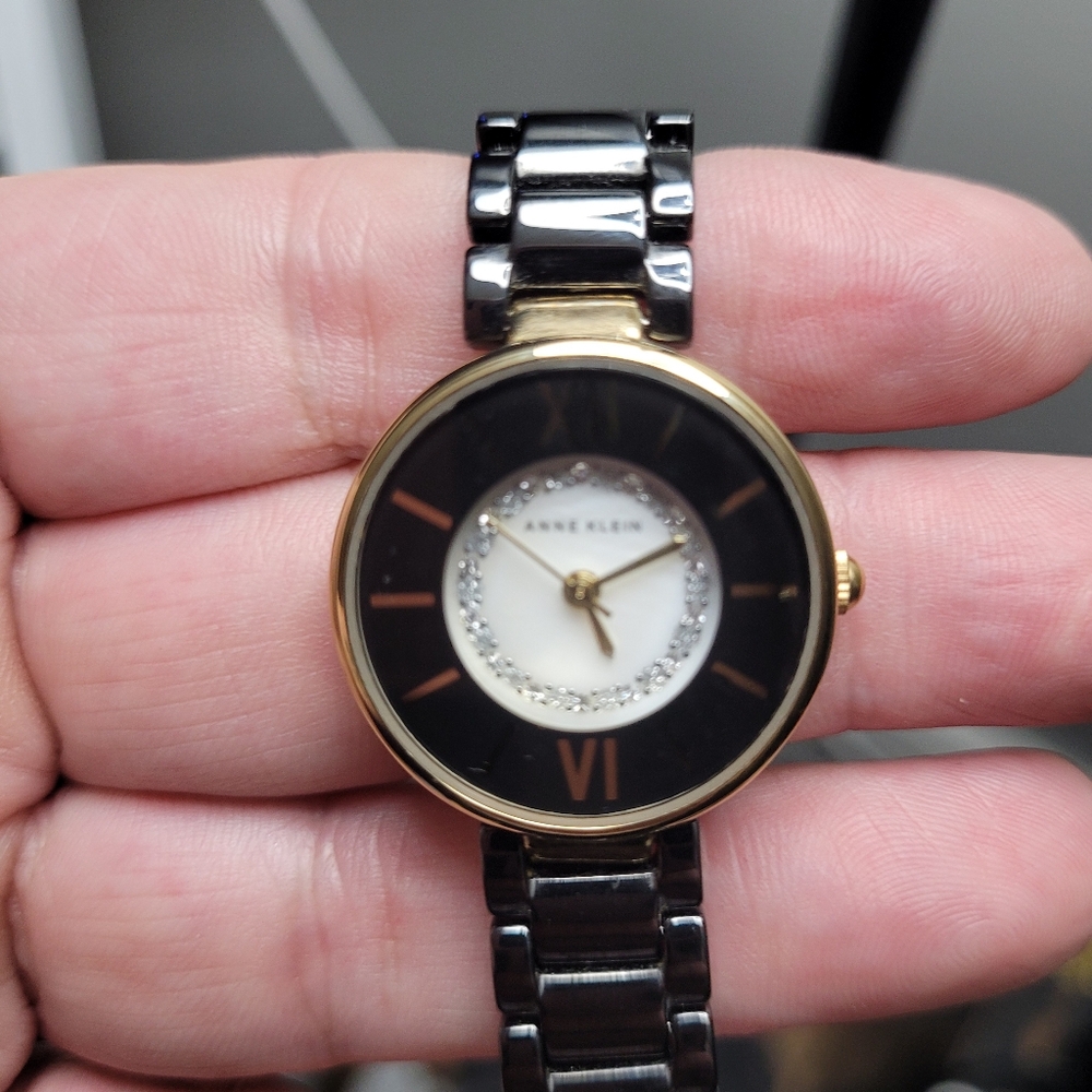 Anne Klein Watch,  Swarovski Accent Ceramic Bracelet/Watch - Gold & Black.